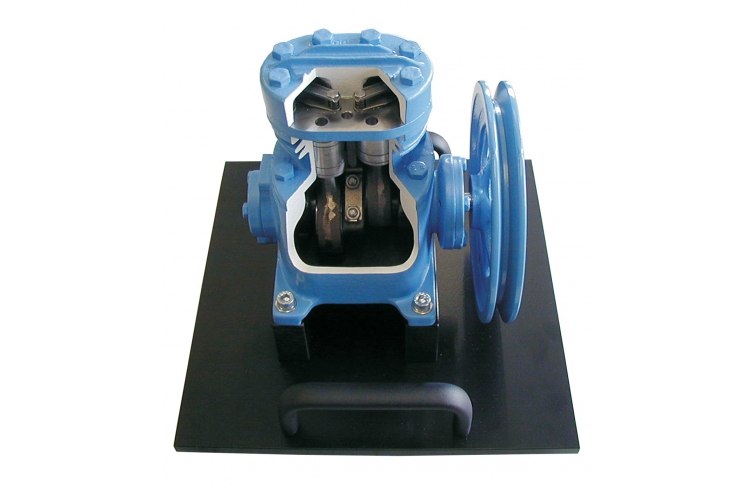 Cutaway model: open refrigerant compressor, 2-cylinder